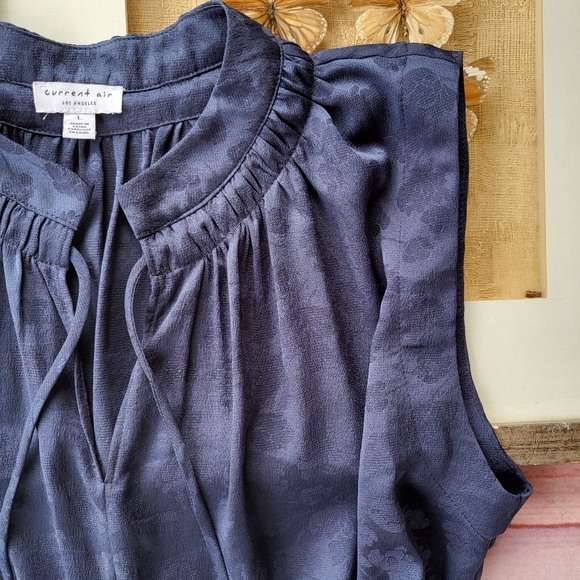 Current Air Navy Floral Print Asymmetrical Ruffle Hem Midi Dress Size Large - Picture 5 of 6